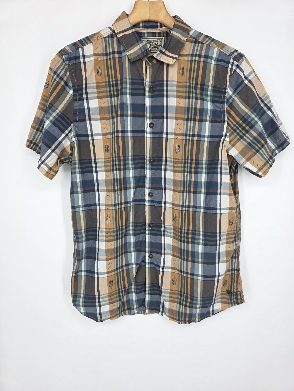 Jeremiah Men's Plaid Short Sleeve Button-Up Shirt Blue/brown Multicolor Size M.